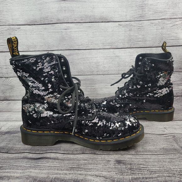 Dr. Doc Martens 1460 Pascal Sequin 8-Eye Boots Black Silver Size 7 L - Picture 2 of 6